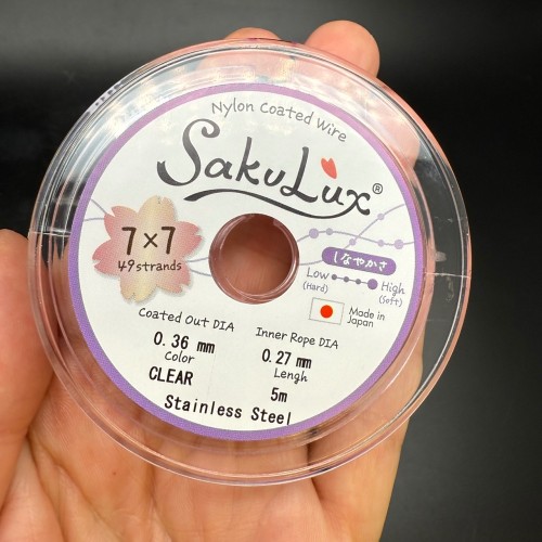 Тросик ювелирный SakuLux (Япония), 49 стальных струн, с силиконовым покрытием, цвет платина, толщина 0,36 мм, 5 м в катушке