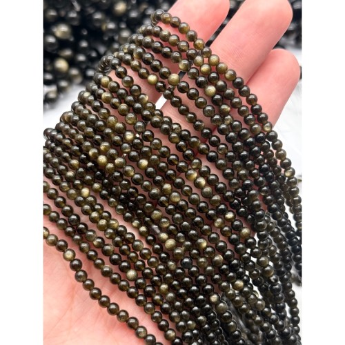 Каменные бусины, Обсидиан золотой, люкс, шарик гладкий, 3,8-4 мм, длина нити 38 см