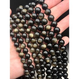 Каменные бусины, Обсидиан золотой, люкс, шарик гладкий, 10 мм, длина нити 38 см