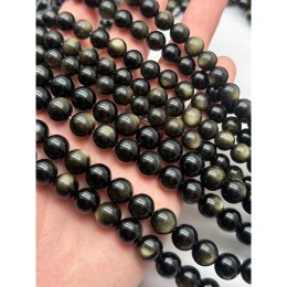 Каменные бусины, Обсидиан золотой, люкс, шарик гладкий, 10 мм, длина нити 38 см