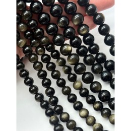 Каменные бусины, Обсидиан золотой, люкс, шарик гладкий, 10 мм, длина нити 38 см