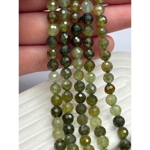 Каменные бусины, Гранат, зелёный, Гроссуляр, люкс, шарик огранка, 6 мм, длина нити 19 см