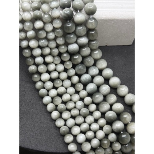 Каменные бусины, Кошачий глаз, (орлиный, соколиный), серый, светлый, люкс, шарик гладкий, 8 мм, длина нити 19 см
