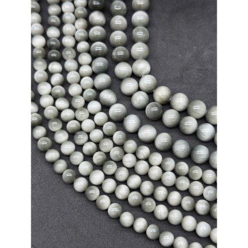 Каменные бусины, Кошачий глаз, (орлиный, соколиный), серый, светлый, люкс, шарик гладкий, 8 мм, длина нити 19 см