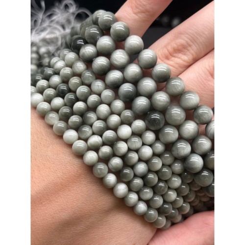 Каменные бусины, Кошачий глаз, (орлиный, соколиный), серый, светлый, люкс, шарик гладкий, 8 мм, длина нити 19 см