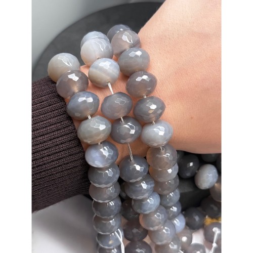 Каменные бусины, Агат серый, (Халцедон), натуральный цвет, рондель, огранка, 15х11, длина нити 39 см