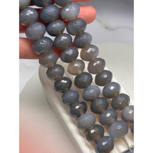 Каменные бусины, Агат серый, (Халцедон), натуральный цвет, рондель, огранка, 15х11, длина нити 39 см