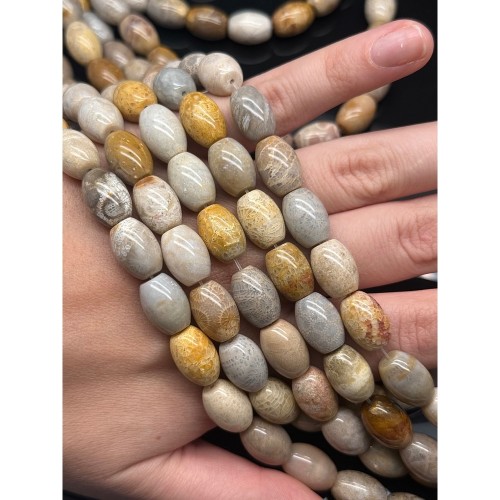 Каменные бусины, Коралл окаменелый, овальный бочонок, размер 14х10 мм, длина нити 39 см