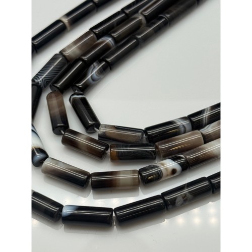 Каменные бусины, Агат черный, с полосками, люкс, трубочки (столбики), размер 20х8 мм, длина нити 38 см