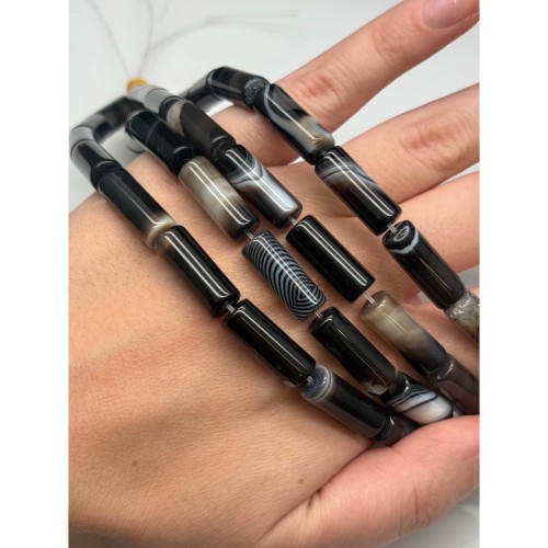 Каменные бусины, Агат черный, с полосками, люкс, трубочки (столбики), размер 20х8 мм, длина нити 38 см