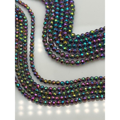 Каменные бусины, Гематит синтетический, цвет радуга, шарик огранка, размер 3 мм, нить 38 см