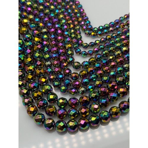Каменные бусины, Гематит синтетический, цвет радуга, шарик огранка, размер 9,5-9,7 мм, нить 38 см