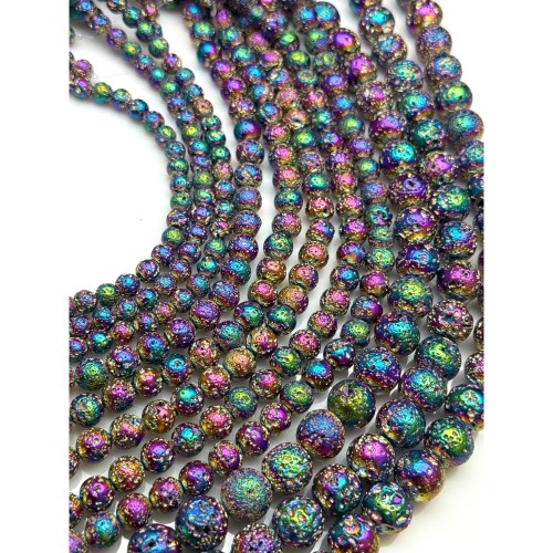 Каменные бусины, Вулканическая лава металлизированная, цвет радуга, 12-12,5 мм, длина нити 38 см
