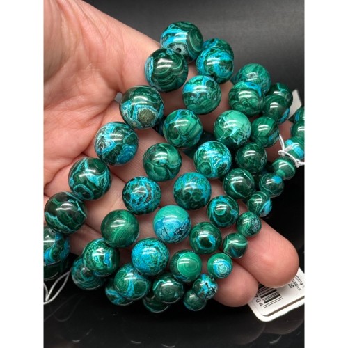 Каменные бусины, Хризоколла с малахитом, (Конго), люкс, шарик гладкий, 12,5 мм, браслет, 17 бусин