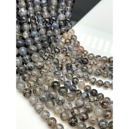 Каменные бусины, Агат, серый, (вены дракона), кракле, тонированный, шарик гладкий, 10 мм, длина нити 38 см