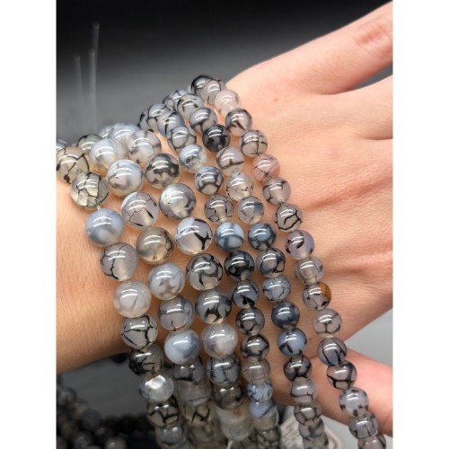 Каменные бусины, Агат, серый, (вены дракона), кракле, тонированный, шарик гладкий, 10 мм, длина нити 38 см