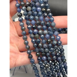 Каменные бусины, Сапфир, Корунд, (Шри-Ланка), Люкс, шарик огранка, 6 мм, длина нити 19 см
