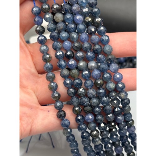 Каменные бусины, Сапфир, Корунд, (Шри-Ланка), Люкс, шарик огранка, 6 мм, длина нити 19 см