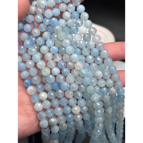 Каменные бусины, Аквамарин, Голубой берилл, люкс, шарик огранка, 6,5 мм, длина нити 38 см