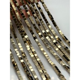 Каменные бусины, Гематит синтетический, светлое золото, кубик, размер 4х4 мм, нить 40 см