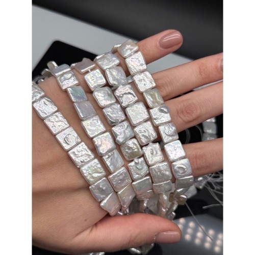 Каменные бусины, Жемчуг, белый, барочный, квадрат плоский, ~11 мм, длина нити 38 см