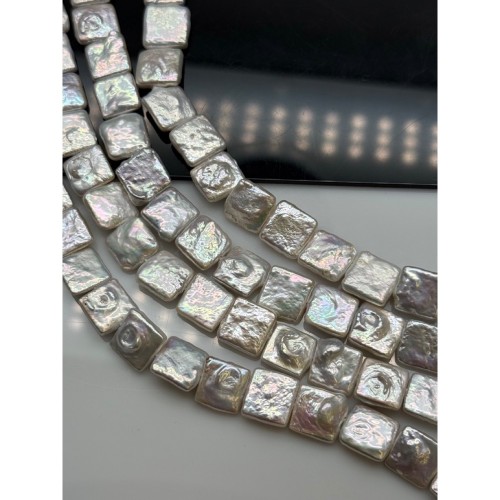 Каменные бусины, Жемчуг, белый, барочный, квадрат плоский, ~11 мм, длина нити 38 см