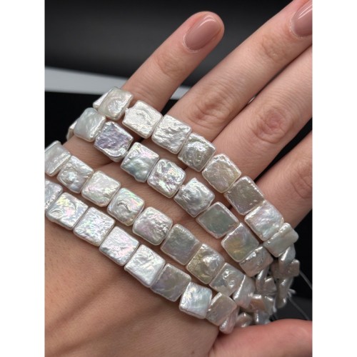 Каменные бусины, Жемчуг, белый, барочный, квадрат плоский, ~11 мм, длина нити 38 см