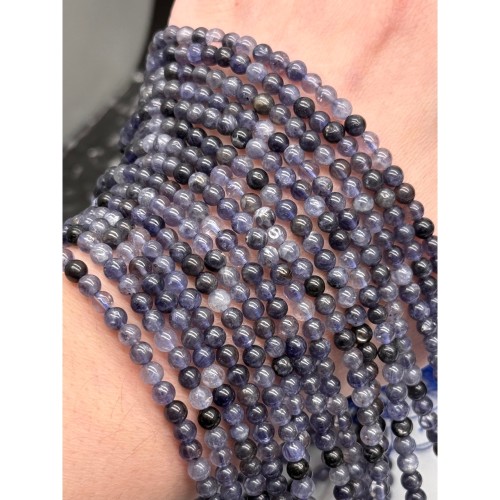 Каменные бусины, Иолит (Водяной Сапфир), шарик гладкий, 4 мм, длина нити 38 см