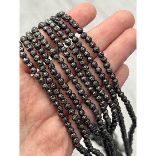 Каменные бусины, Вулканическая лава металлизированная, цвет тёмное серебро, 4 мм, длина нити 38 см