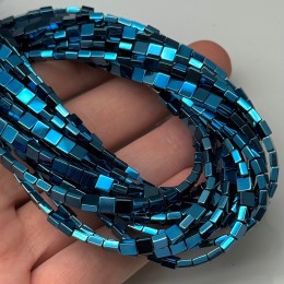 Каменные бусины, Гематит синтетический, плоский квадрат, цвет синий, размер 4х4х2 мм, нить 38 см