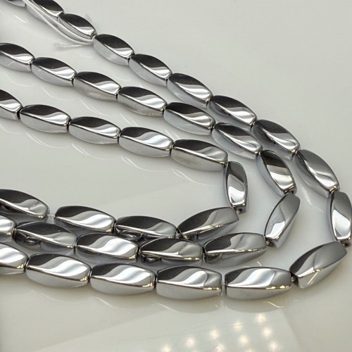 Каменные бусины, Гематит синтетический, серебро, крученый бочонок, размер 5х12 мм, длина нити 38 см