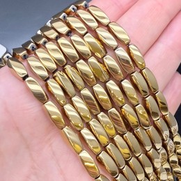 Каменные бусины, Гематит синтетический, цвет золото, крученый бочонок, размер 5х12 мм, длина нити 38 см