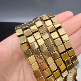 Каменные бусины, Гематит синтетический, золото, кубик, размер 8х8 мм, нить 40 см