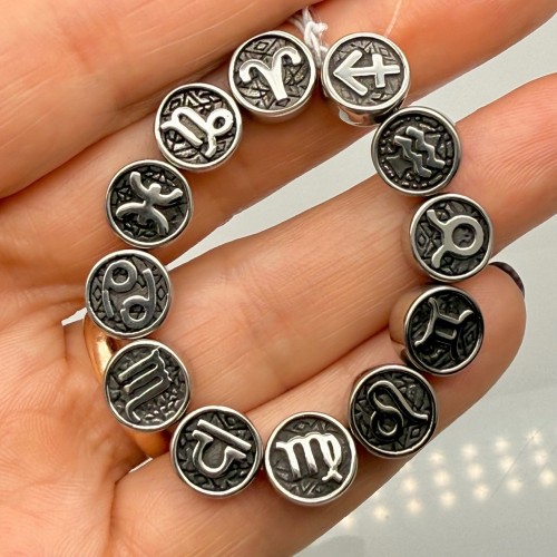 Бусина, разделитель, Знаки зодиака, (комплект 12 шт.), нержавеющая сталь, размер 10х4 мм, цена за 1 комплект