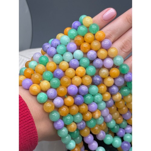 Каменные бусины, Халцедон, микс цветов, тонированный, шарик гладкий, 10 мм, длина нити 37 см