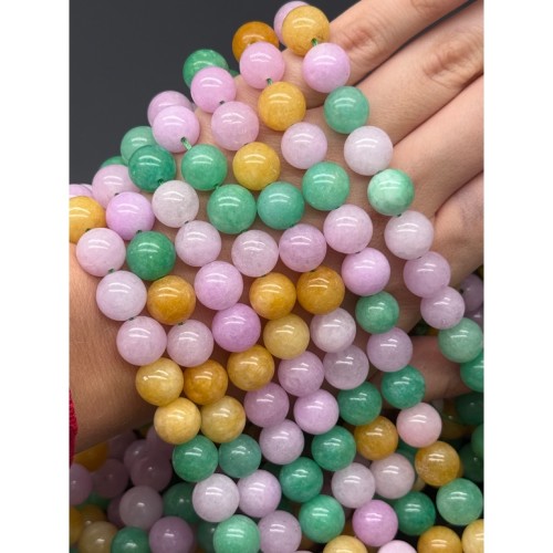 Каменные бусины, Халцедон, микс цветов, тонированный, шарик гладкий, 12 мм, длина нити 37 см