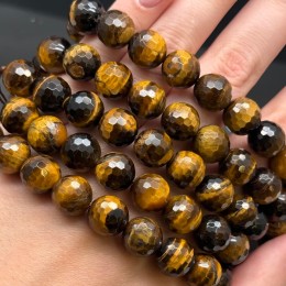 Каменные бусины, Тигровый глаз, шарик огранка, 12 мм, длина нити 38 см