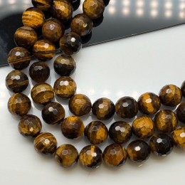 Каменные бусины, Тигровый глаз, шарик огранка, 12 мм, длина нити 38 см