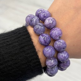 Каменные бусины, Чароит, люкс, шарик, гладкий, 14-14,5 мм, браслет, 15 бусин, длина нити 19 см