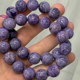 Каменные бусины, Чароит, люкс, шарик, гладкий, 14-14,5 мм, браслет, 15 бусин, длина нити 19 см