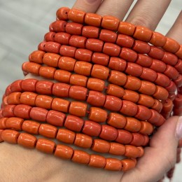Каменные бусины, Коралл, "Лососевый", (оранжево-розовый), бочонок, 10х8 мм, длина нити 39 см