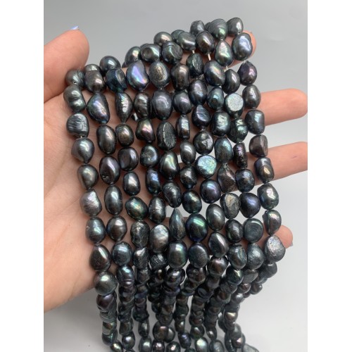Каменные бусины, Жемчуг, чёрно-зелёный, фриформы, 10 - 11 мм, длина нити 38 см