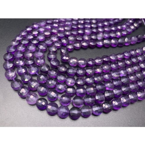 Каменные бусины, Аметист, люкс, огранка, монетка, 6,5х4 мм, длина нити 38 см