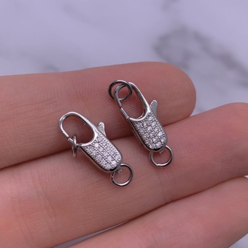 Карабин с фианитами, родированное модель SS 925 , 16х6,5 мм, цена за шт