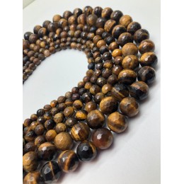 Каменные бусины, Тигровый глаз, шарик огранка, 10 мм, длина нити 38 см