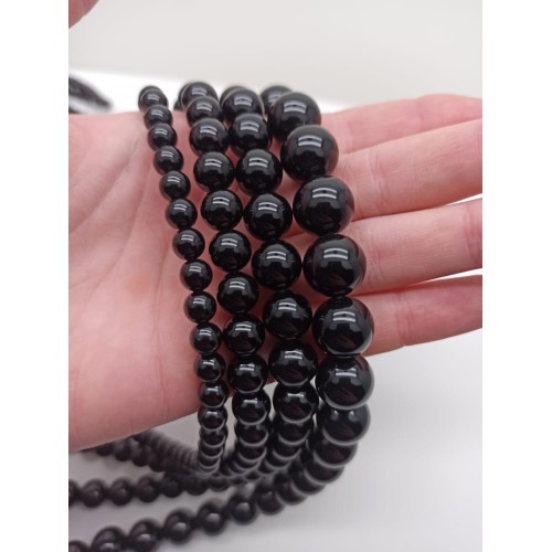 Каменные бусины, Агат, чёрный, шарик гладкий, 10 мм, длина нити 38 см