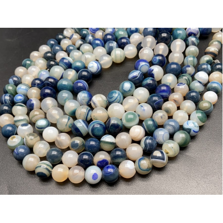 Каменные бусины, Агат, тонированный, бело-синий, шарик гладкий, 10 мм, длина нити 38 см