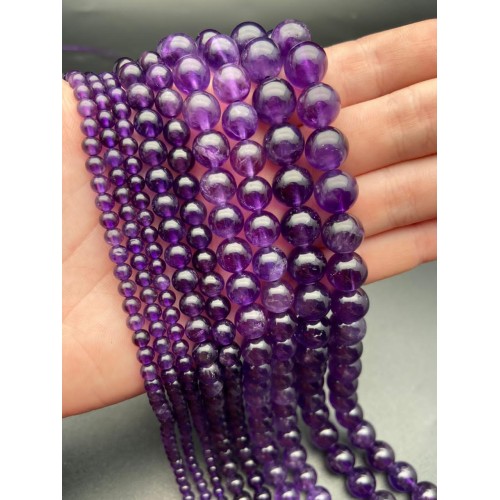 Каменные бусины, Аметист, шарик гладкий, 6 мм, длина нити 37 см