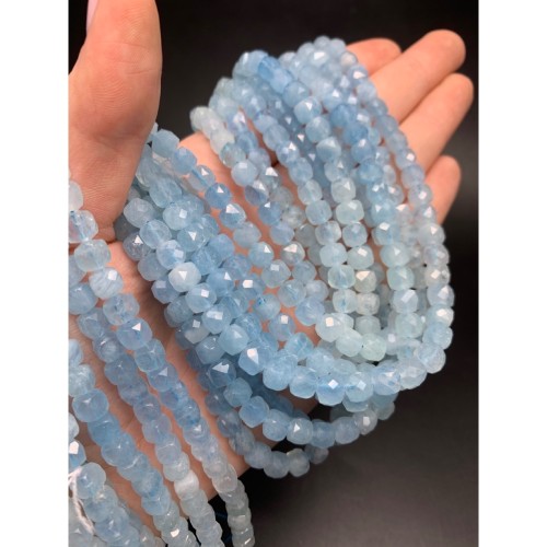 Каменные бусины, Аквамарин, Голубой Берилл, люкс, кубик, огранка, 6х6 мм, длина нити 19 см