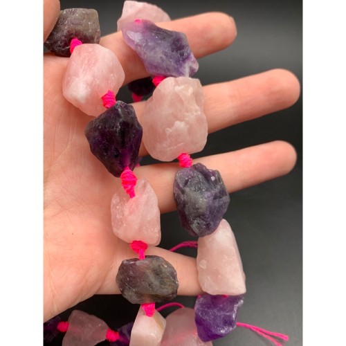 Каменные бусины, Аметист, Розовый Кварц, не обработанный, фриформы, 20-28 мм, длина нити 38 см, 14 шт. на нити